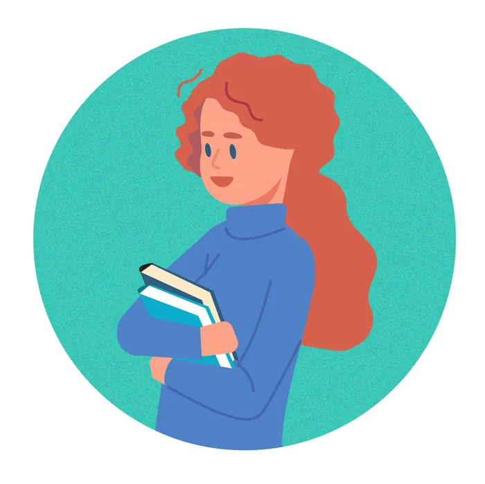 Smiling woman with red hair holding books against teal background