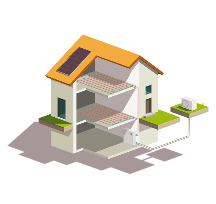 Isometric house showing solar panel on roof and HVAC system