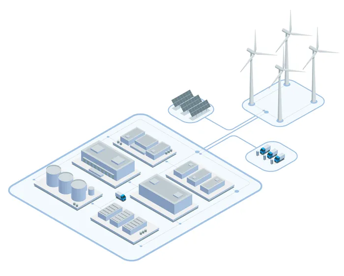 Isometric view of renewable energy plant with wind turbines and solar panels
