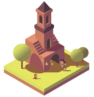 Isometric tower with child running and dog on grassy ground