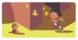Child running joyfully towards glowing butterflies while dog watches nearby