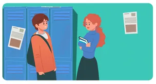 Teen boy and girl talking beside blue school lockers