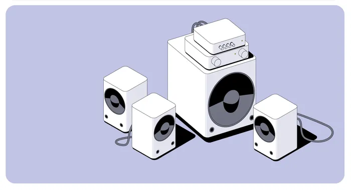 White speaker system with subwoofer and three satellite speakers on light background