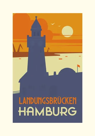 Silhouette of Hamburg Landungsbrücken lighthouse at sunset with birds