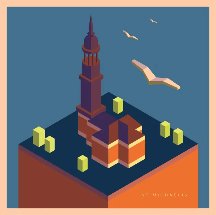 Isometric view of St. Michaelis church with birds and trees