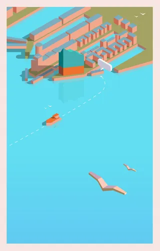 Isometric view of coastal town, boat on water, and flying seagulls