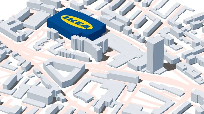 3D rendered city map with an IKEA store building