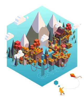 Isometric floating island featuring mountains, colorful autumn trees, and houses