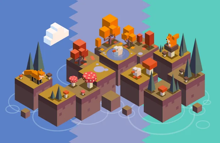 Isometric floating island with orange trees, mushrooms, fox, and small pond