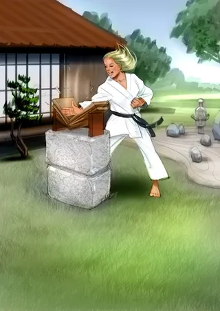 Martial artist breaking wooden board outdoors near traditional house by Andriy Vynogradov