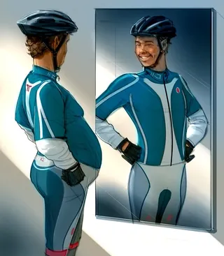 Man in cycling outfit smiling at his reflection by Andriy Vynogradov