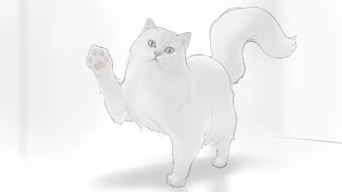 Sketch of a white fluffy cat raising one paw by Andriy Vynogradov
