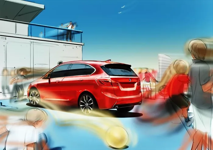 Red station wagon driving through busy street with blurred pedestrians by Andriy Vynogradov