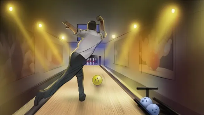 Bowling player releasing ball down lane, bright spotlights, by Andriy Vynogradov