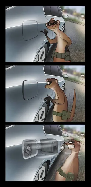 Cartoon otter tries to open a car door in three frames by Andriy Vynogradov