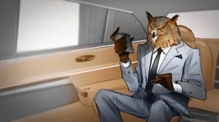 Owl-headed figure in suit inside luxury car holding phone by Andriy Vynogradov