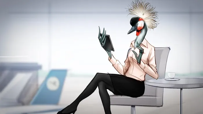 Anthropomorphic crane in business clothes reading a book by Andriy Vynogradov