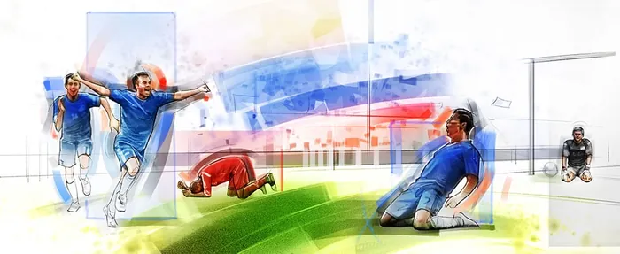 Watercolor soccer players celebrating a goal on the field by Andriy Vynogradov