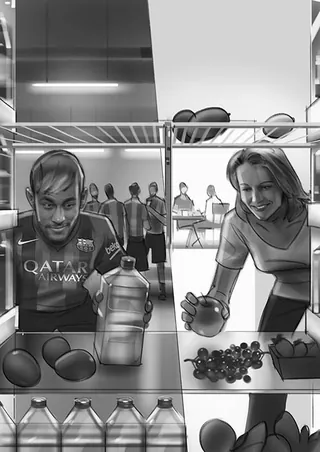 Man and woman in kitchen with fruits and beverages by Andriy Vynogradov