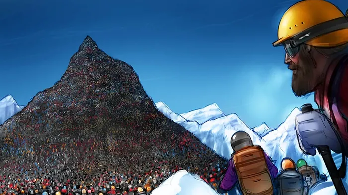 Crowd forming mountain in snowy landscape observed by man wearing helmet Andriy Vynogradov