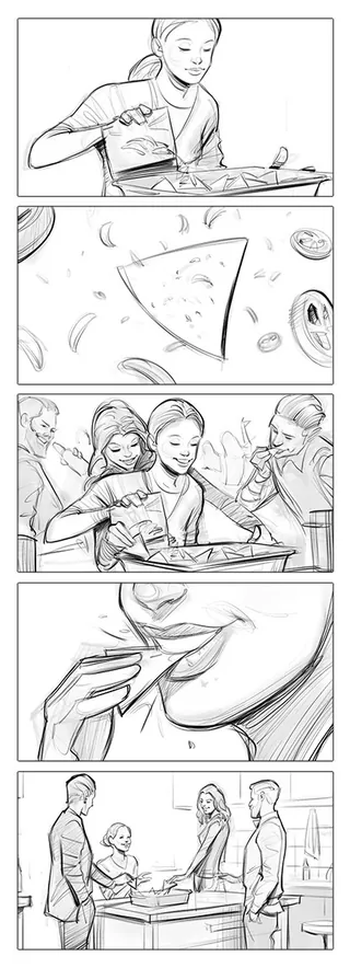 Sketch of family sharing pizza at dinner table by Andriy Vynogradov