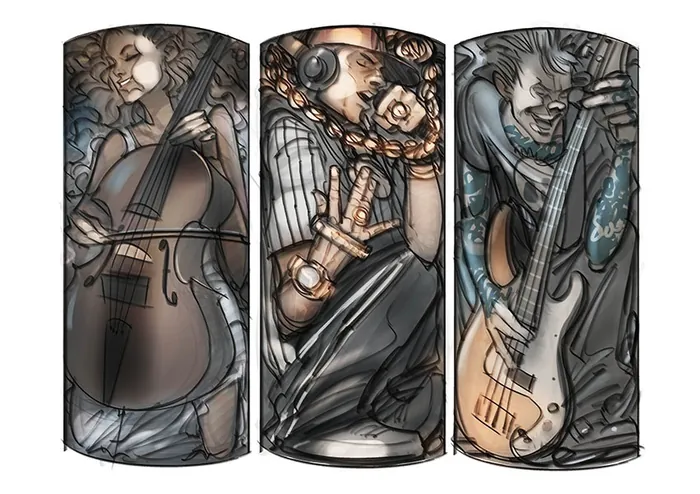 Triptych of musicians playing cello, saxophone, guitar by Andriy Vynogradov