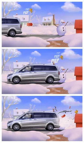 Gray van driving past melting snowman holding sign in snowy scene by Andriy Vynogradov