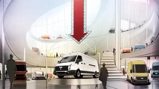 White van on rotating platform in futuristic showroom by Andriy Vynogradov