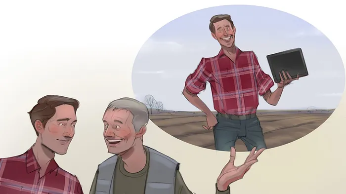 Two men talking as one recalls holding a tablet, by Andriy Vynogradov