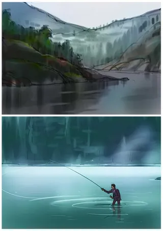 Misty mountain lake with fisherman casting line, digital artwork by Andriy Vynogradov