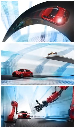 Red car on futuristic roads with robotic arms by Andriy Vynogradov