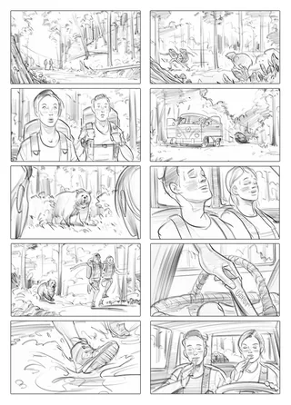 Pencil sketches of couple hiking, boar encounter, and driving, by Andriy Vynogradov