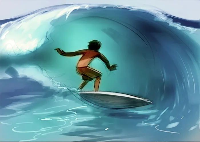 Surfer riding a large ocean wave digital painting by Andriy Vynogradov