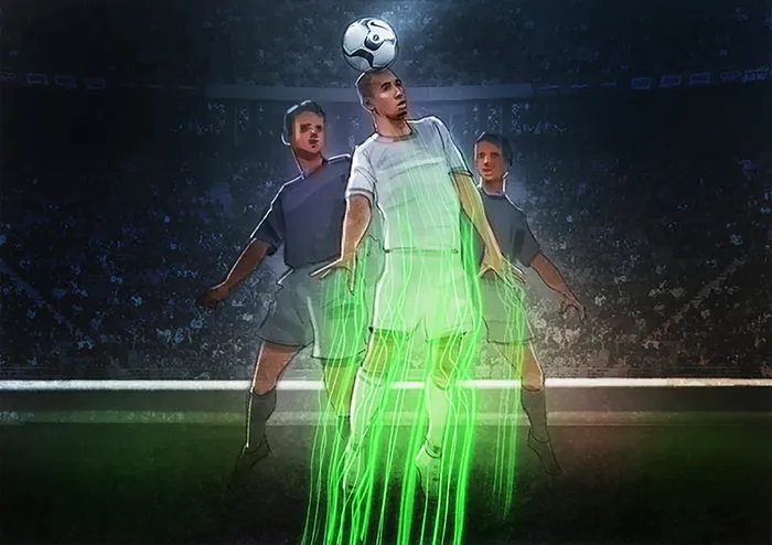 Soccer player heading soccer ball with opponents in stadium by Andriy Vynogradov