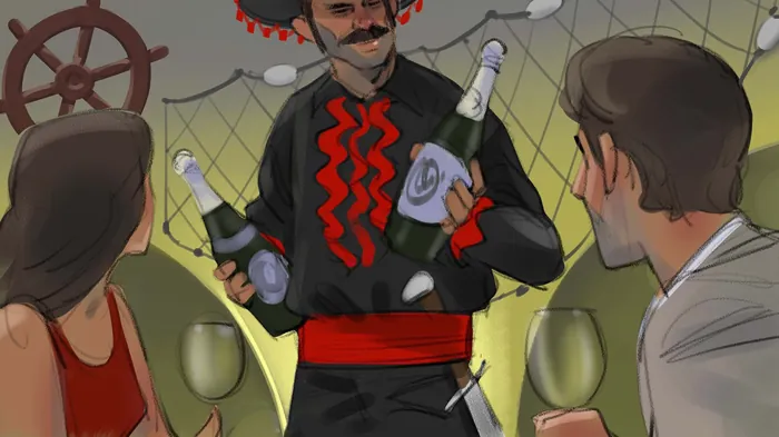 Man balancing multiple champagne bottles at party, artwork by Andriy Vynogradov