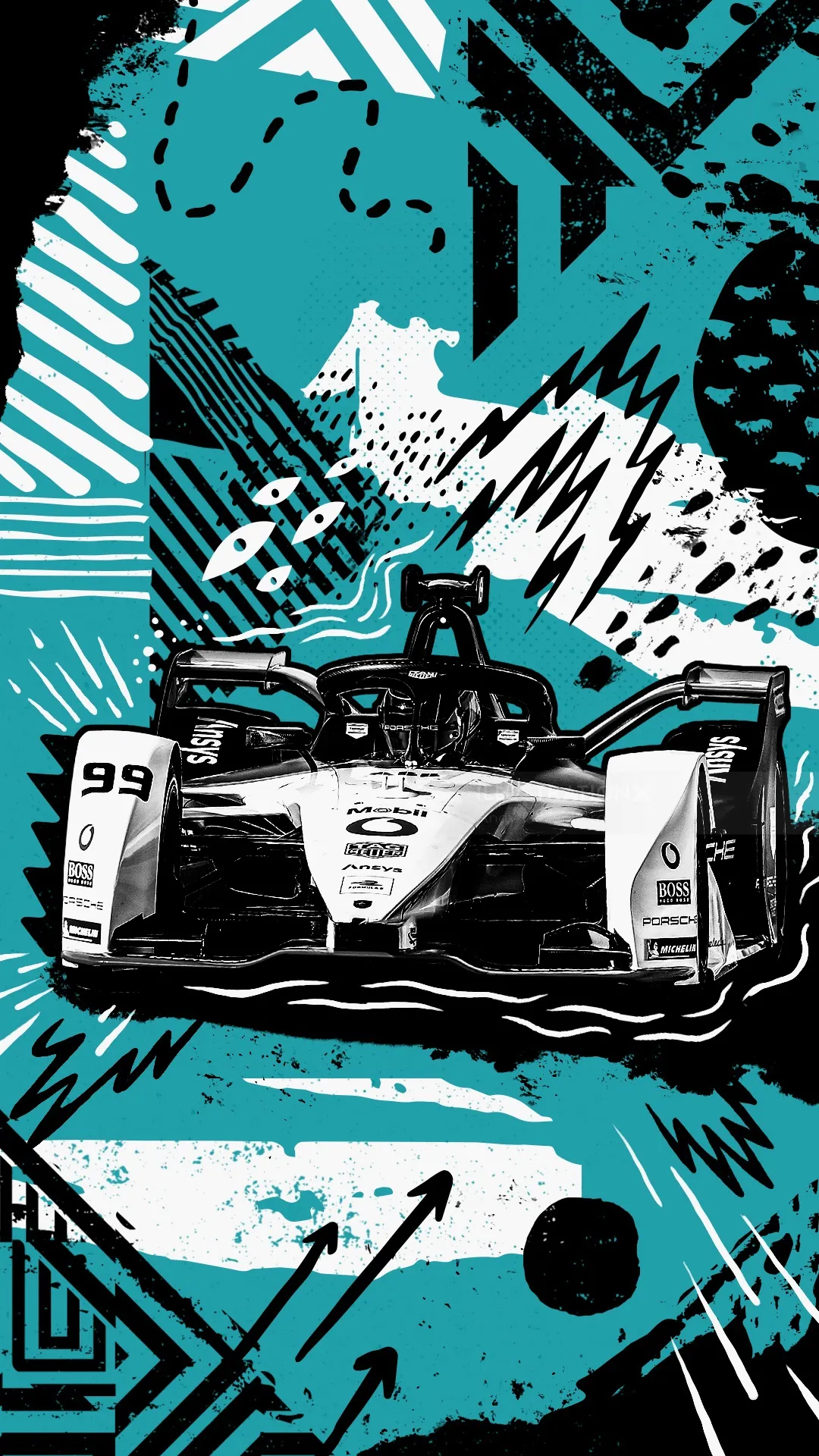 Stylized Formula 1 race car illustration in black and blue by Andy Gellenberg