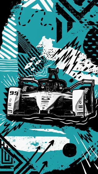 Stylized Formula 1 race car illustration in black and blue by Andy Gellenberg