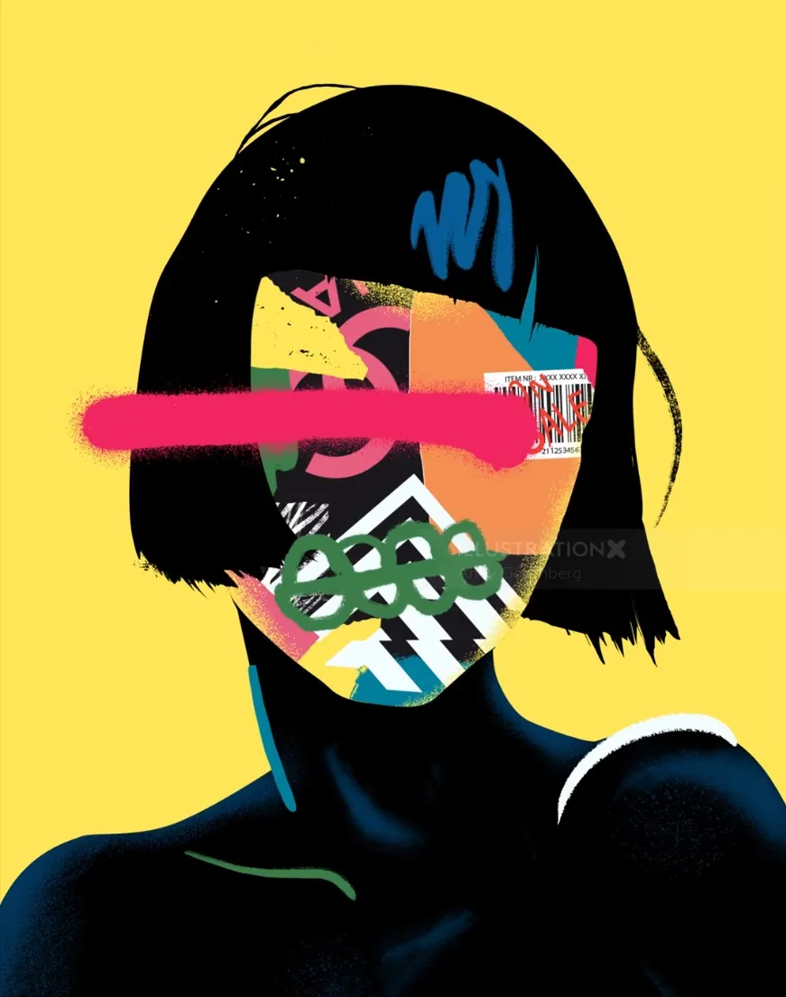 Abstract portrait with colorful collage face by Andy Gellenberg