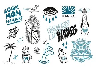 Surf and ocean themed graphic icons including waves, lighthouse, and palm tree by Andy Gellenberg
