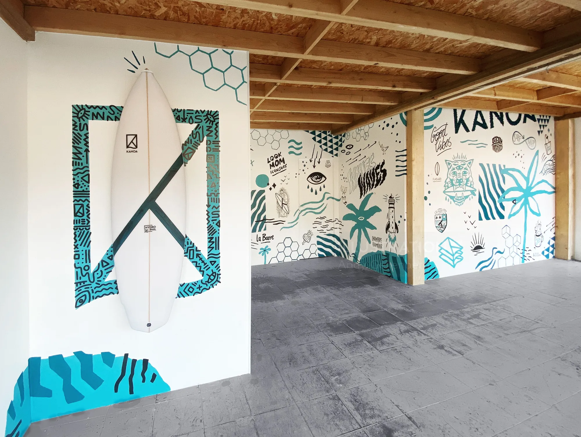 Surfboard mounted on patterned wall with wooden ceiling beams by Andy Gellenberg