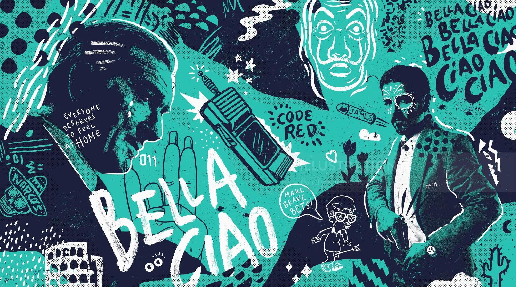 Illustration of singers and vintage microphone with Bella Ciao text by Andy Gellenberg