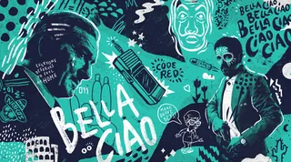Illustration of singers and vintage microphone with Bella Ciao text by Andy Gellenberg