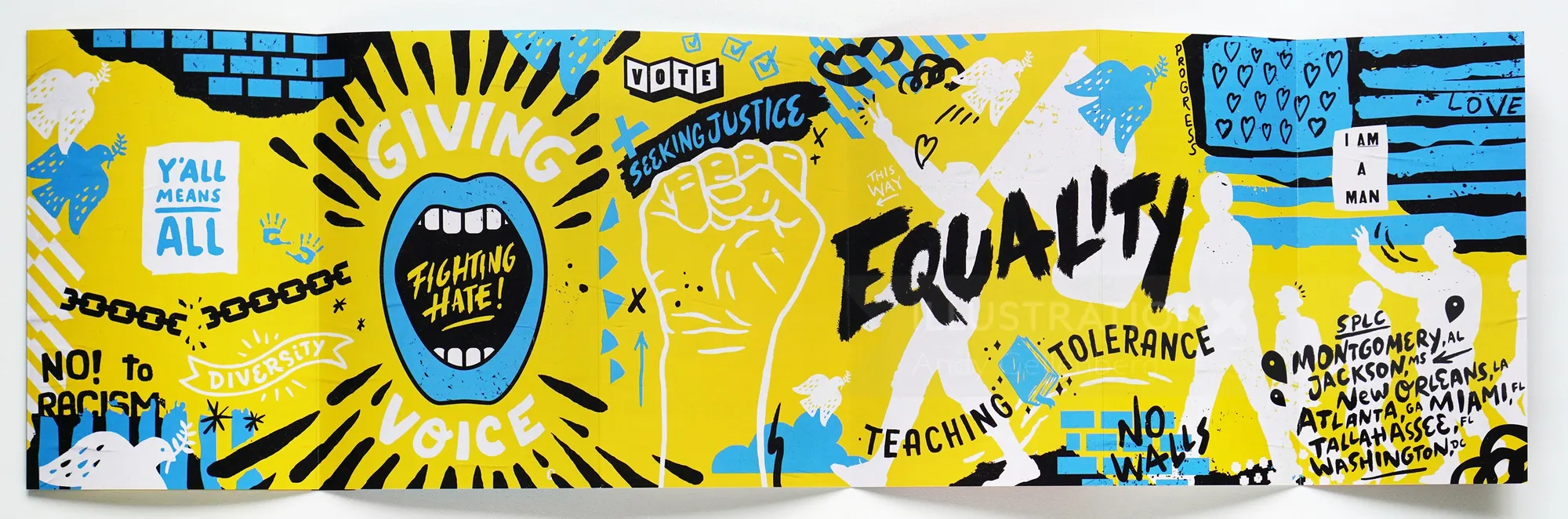 Colorful mural with messages of equality and anti-racism by Andy Gellenberg