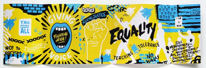 Colorful mural with messages of equality and anti-racism by Andy Gellenberg