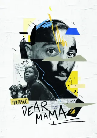 Collage of Tupac Shakur with 'Dear Mama' text by artist Andy Gellenberg