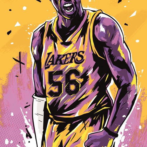 Los Angeles Lakers basketball player wearing number 56 with intense expression by Andy Gellenberg