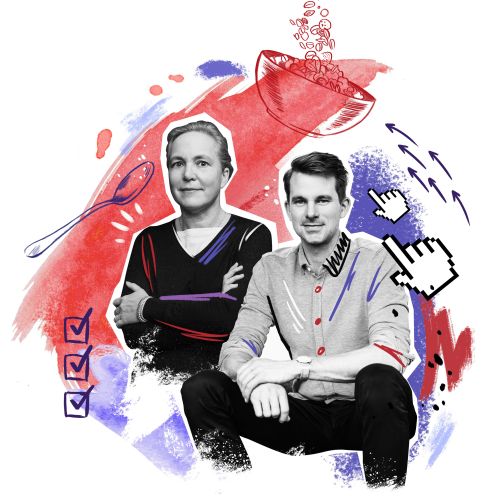 Digital illustration of two people with cursor icons by Andy Gellenberg