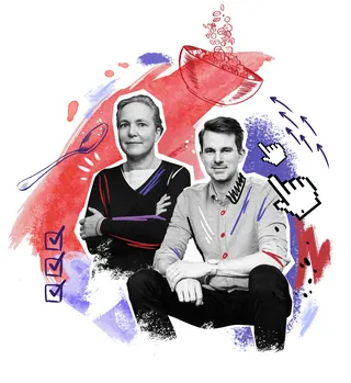 Digital illustration of two people with cursor icons by Andy Gellenberg