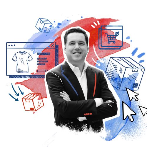 E-commerce illustration of man with shopping icons by Andy Gellenberg