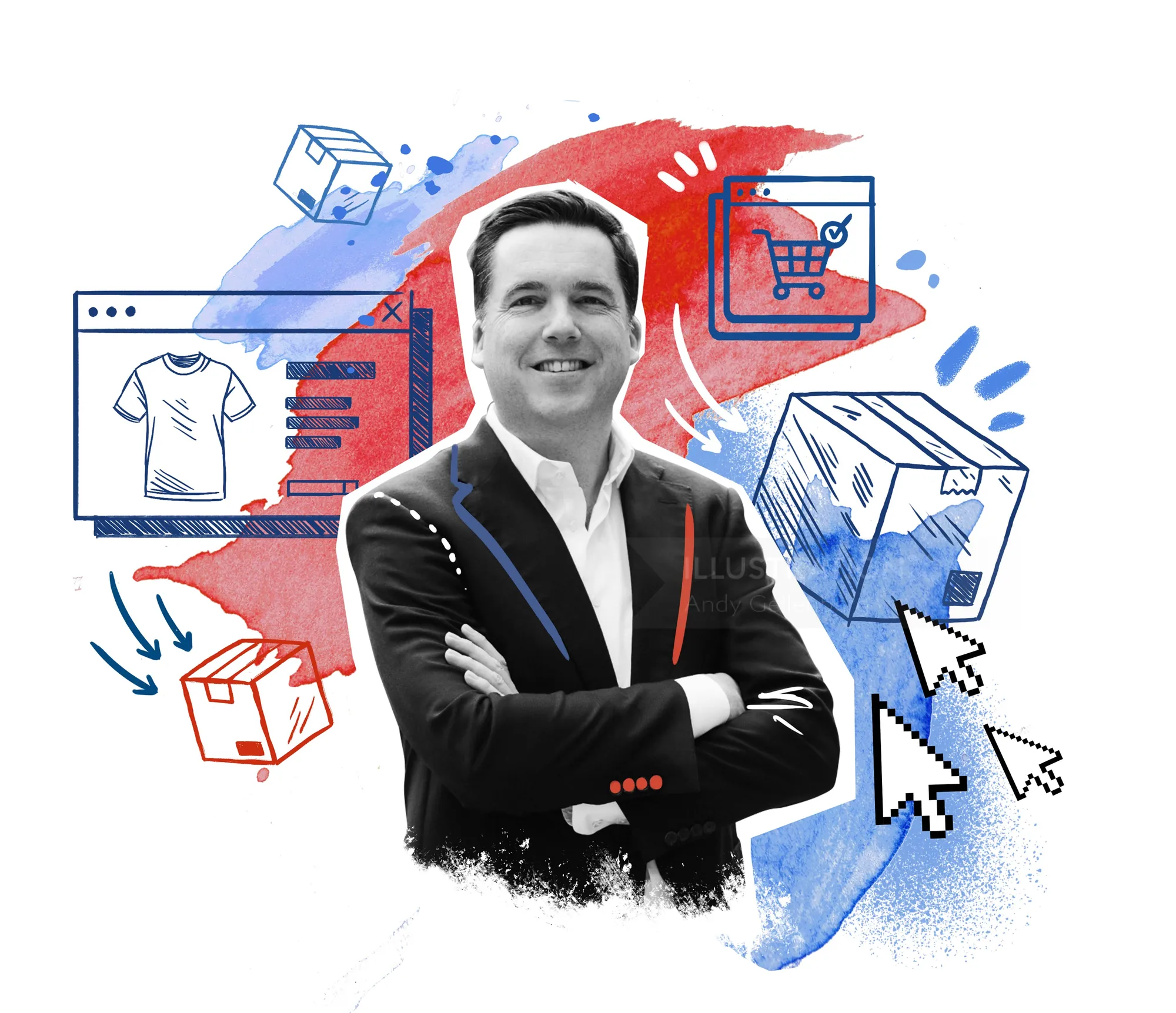 E-commerce illustration of man with shopping icons by Andy Gellenberg